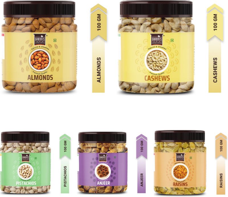 Grannys Dryfruits Almond Cashew Pista Fig Raisins Combo Pack Of 5 (100gx5 ) Premium,Healthy& Fresh Almonds, Cashews, Pistachios, Figs, Raisins  (5 x 100 g)