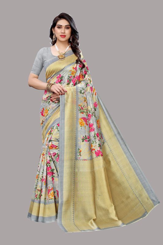 Printed Banarasi Art Silk Saree  (Grey, Mustard)