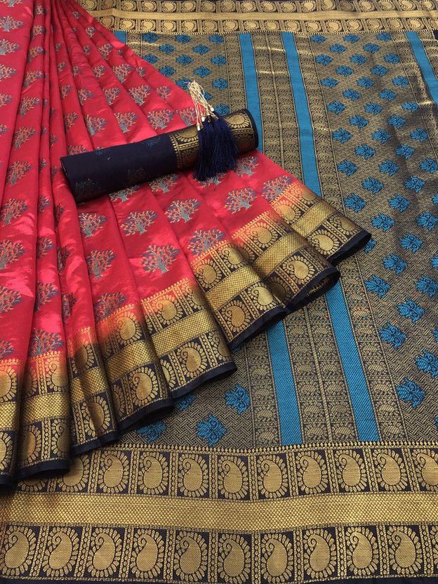 Woven Kanjivaram Silk Blend, Art Silk Saree  (Red, Beige)