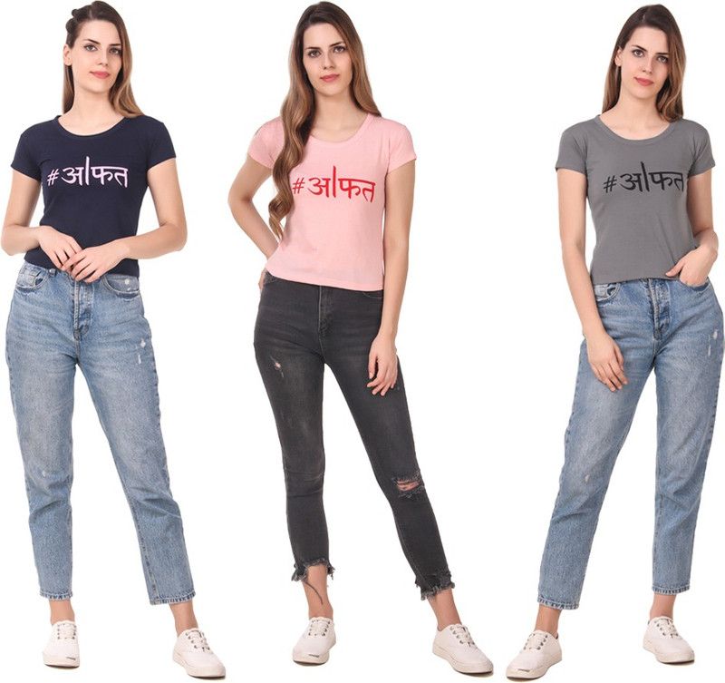 Pack of 3 Women Printed Round Neck Cotton Blend Pink, Black, Grey T-Shirt