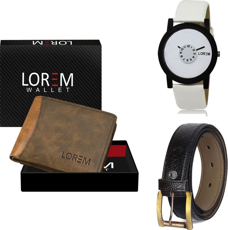 LOREM Belt, Wallet & Watch Combo  (Brown, Black, White)