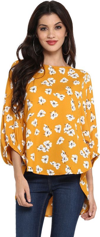 Party Bishop Sleeve Floral Print Women Yellow Top