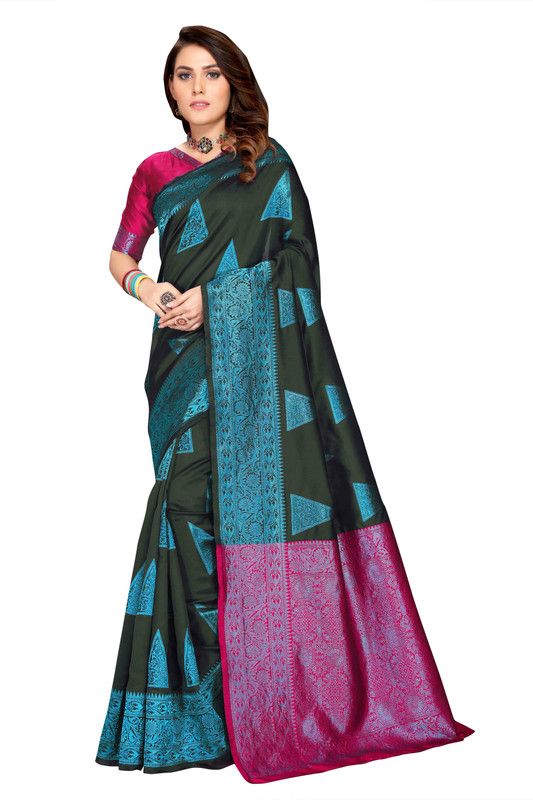 Embellished Bollywood Silk Blend Saree  (Dark Green, Pink)