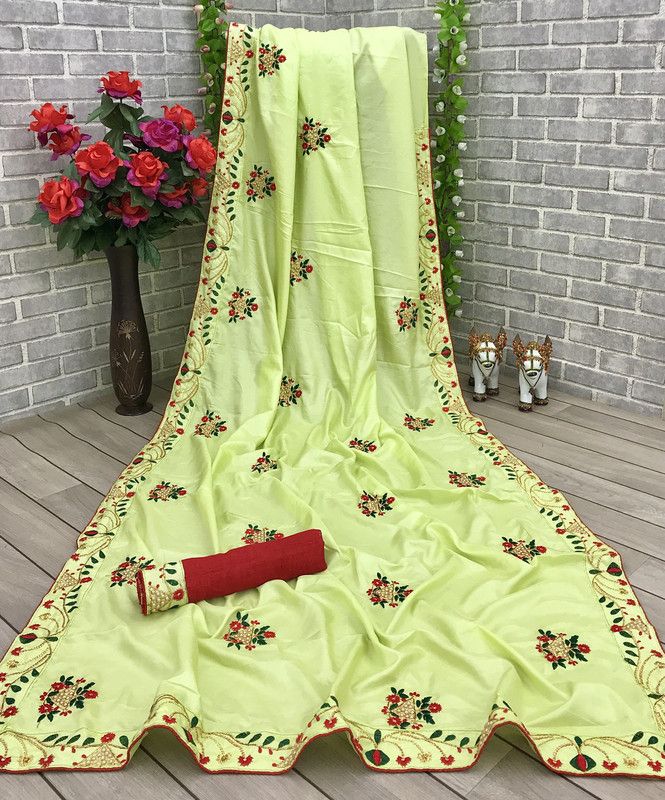 Embroidered Fashion Silk Blend Saree  (Light Green)