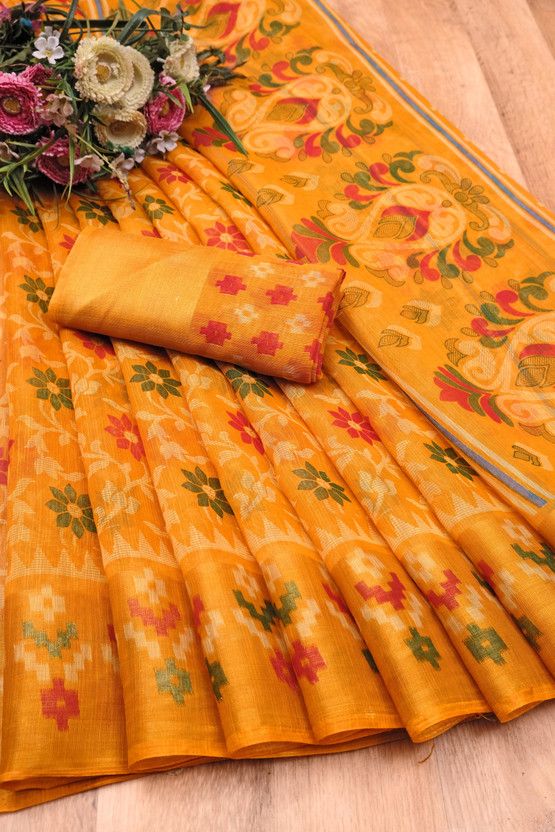 Floral Print Bollywood Georgette Saree  (Mustard)