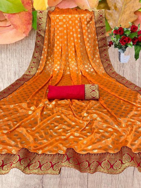 Printed Bollywood Lycra Blend Saree  (Orange)