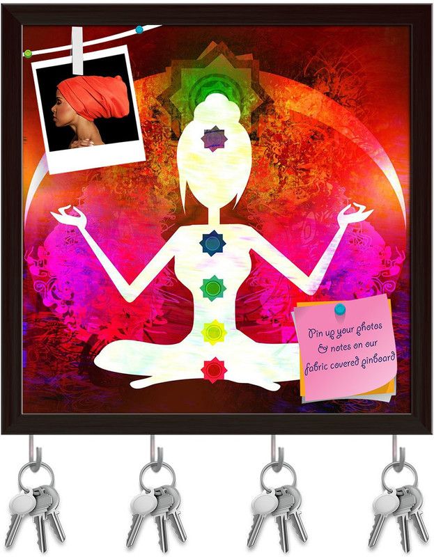 Artzfolio Yoga Lotus Pose D1 Pinboard with Key Holder Hooks Dark Brown Frame 8x8inch Cork Bulletin Board  (Multicolor 8 x 8 inch (20 x 20 cms))