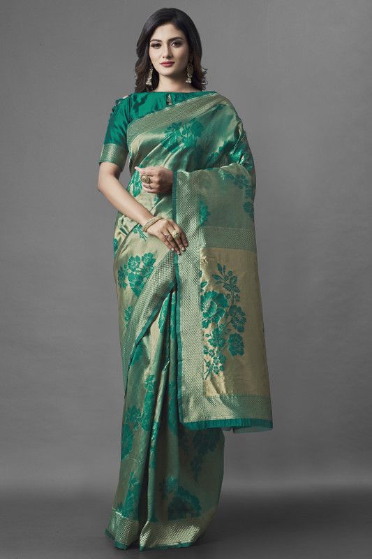 Floral Print Kanjivaram Satin Saree  (Green)