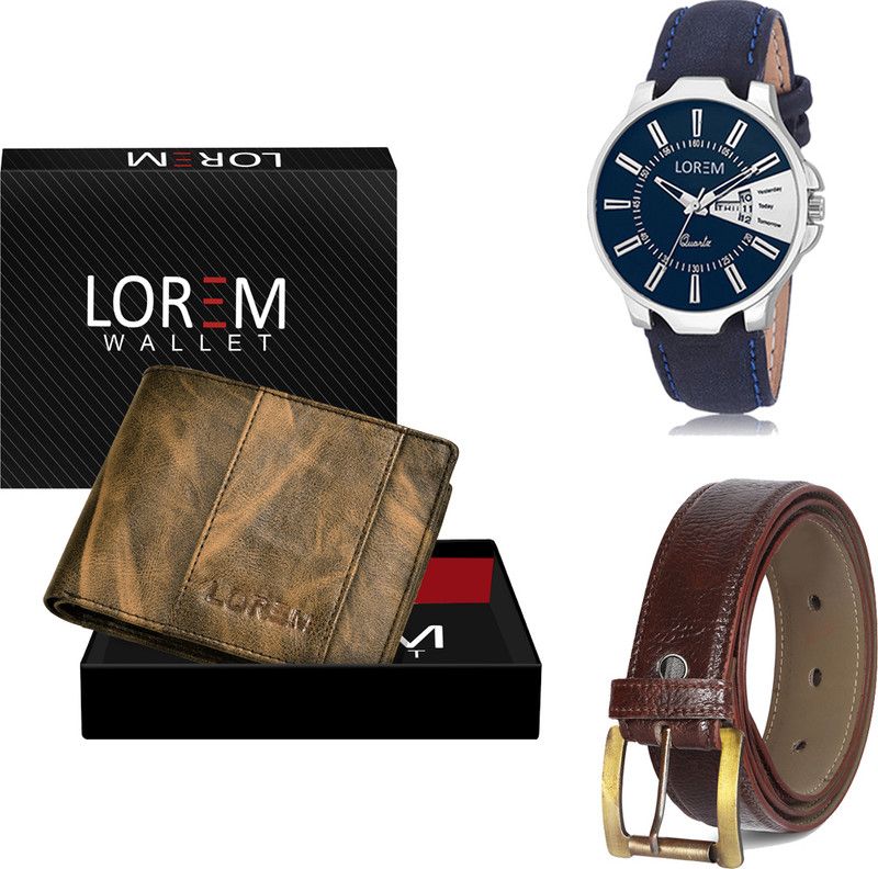 LOREM Belt, Wallet & Watch Combo  (Brown, Brown, Blue)