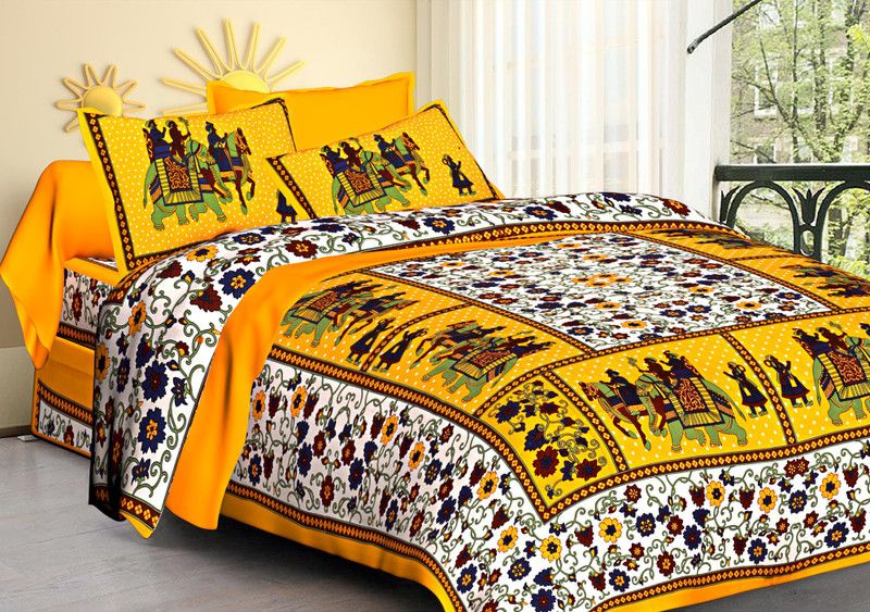 Fabroli 144 TC Cotton Double Jaipuri Prints Flat Bedsheet  (Pack of 1, Yellow)