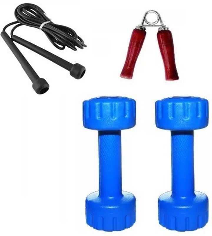 Web Mall Pvc Dumbbells (1Kg + 1Kg) With 1Pc Wooden Hand Grip & Skipping Rope Dumbbell Kit Kit