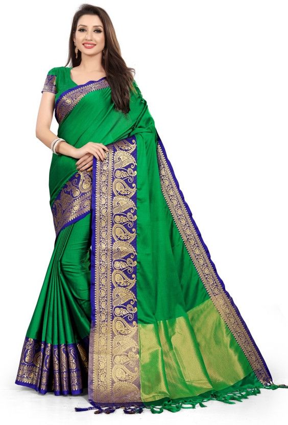 Self Design Assam Silk Jacquard Saree  (Dark Green)