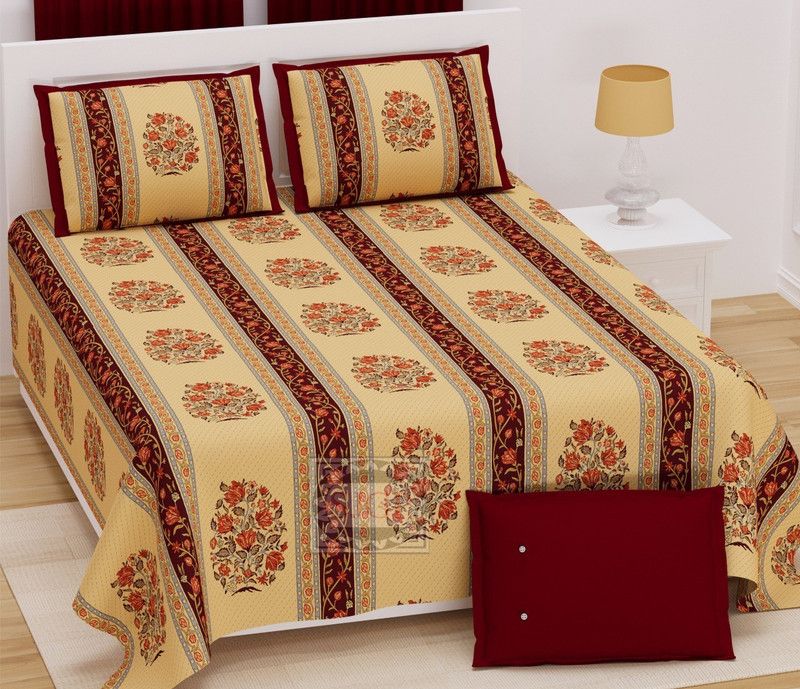 Abheer Hub 320 TC Cotton Double Floral Flat Bedsheet  (Pack of 1, BEIGE-MAROON)