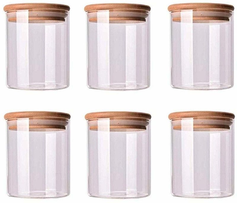 PINJAS 220 ml set of 6 , clear glass canister food storage jar with airtight wood lid - 220 ml Glass Grocery Container  (Pack of 6, Clear)