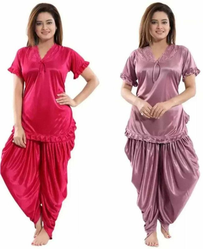 Women Top & Pyjama Set Pink, Purple Solid