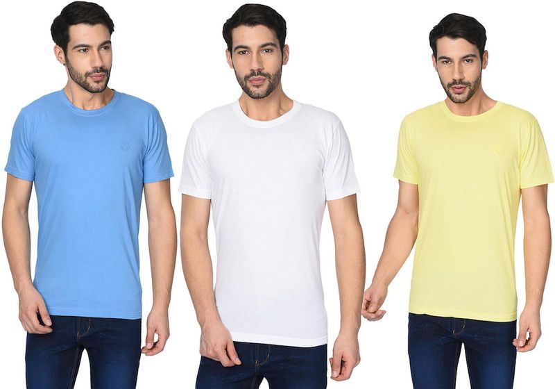 Pack of 3 Men Solid Round Neck Pure Cotton White, Blue, Yellow T-Shirt