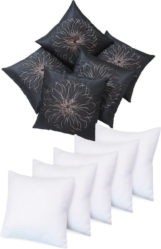 ZIKRAK EXIM Polyester Embroidered Back Cushion Pack of 5  (Black)