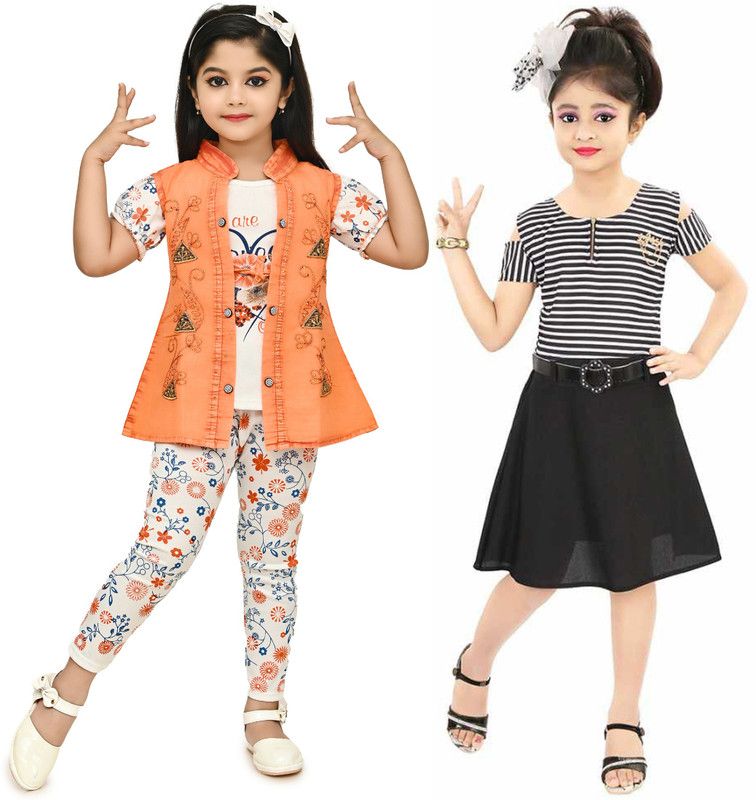SIDRA Girls Party(Festive) Dress Top, Jegging, Jacket  (Orange)