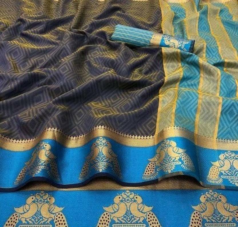 Embroidered Kanjivaram Silk Blend Saree  (Purple)