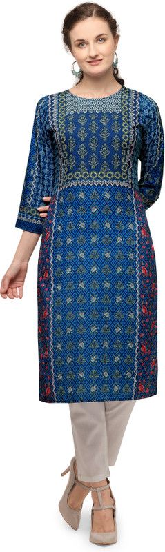 Women Printed Crepe Straight Kurta  (Dark Blue, Green)