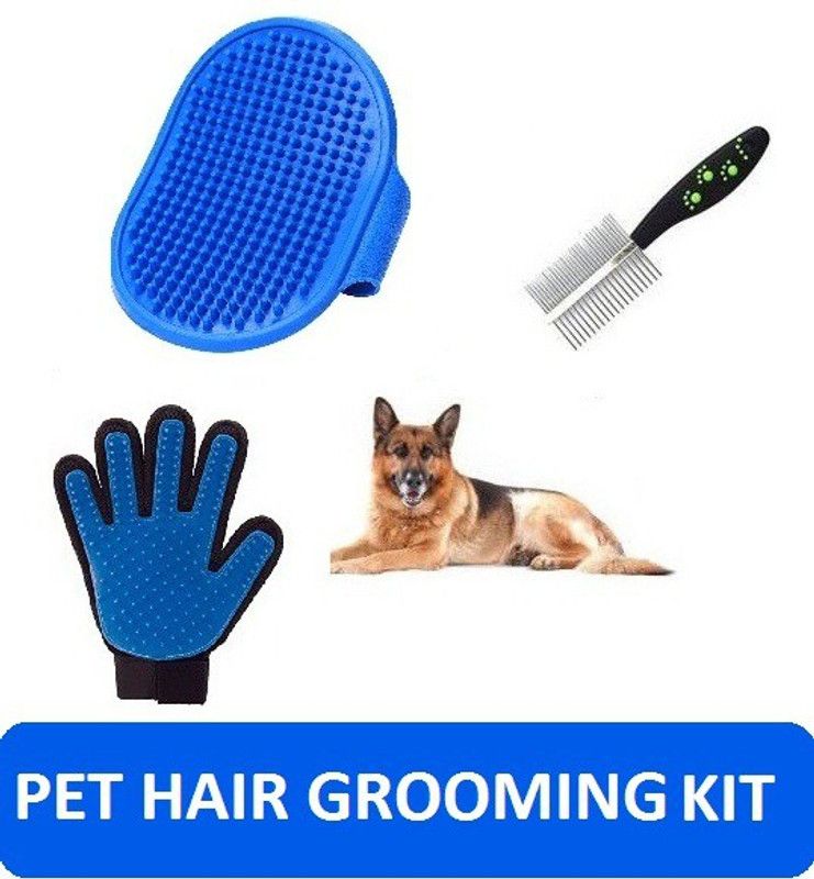 Hachiko Dog Needs Combo Of 3 Imported High Quality Grooming Double Sided Removing Shedding Comb Basic Comb Pet Comb Stainless Steel Pin + Bath Gloves +Gloves for All Pets Basic Comb for Dog, Cat, Rabbit, Hamster