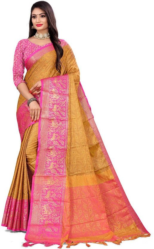 Woven Banarasi Jacquard Saree  (Gold, Pink)