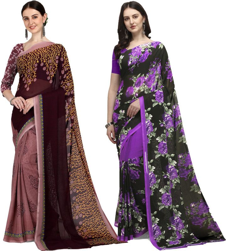 Printed Daily Wear Georgette Saree  (Pack of 2, Multicolor, Purple, Beige)