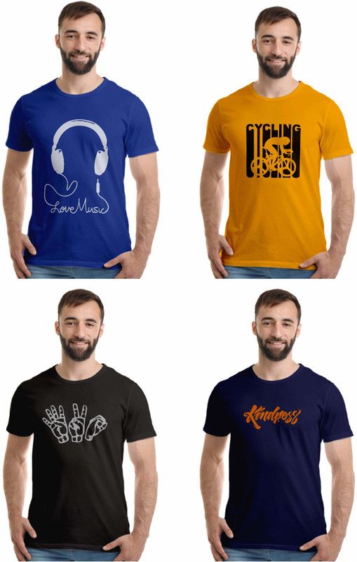Pack of 4 Men Printed Round Neck Pure Cotton Multicolor T-Shirt