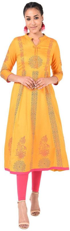 Women Block Print Rayon A-line Kurti  (Yellow)