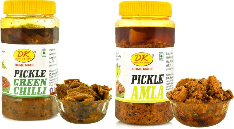D.K. Namkeen & Pickles Combo Pack of 2 Homemade Rajasthani Green Chilli + Amla Pickle Green Chilli, Amla Pickle  (2 x 450 g)