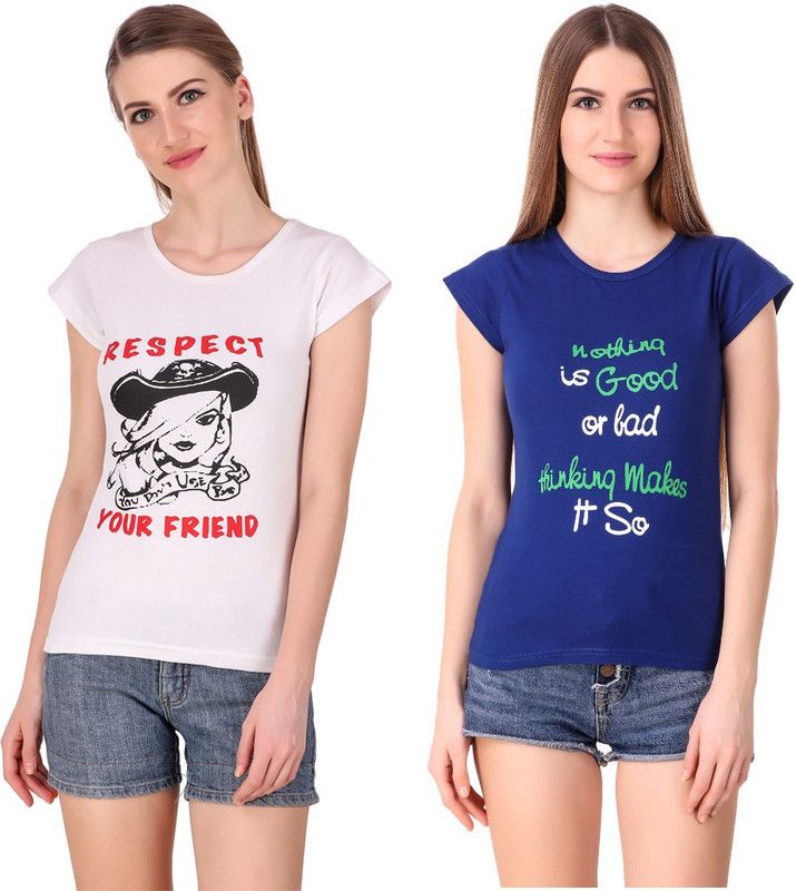 Pack of 2 Women Printed T-Shirt Women Graphic Print Round Neck Cotton Blend Multicolor T-Shirt