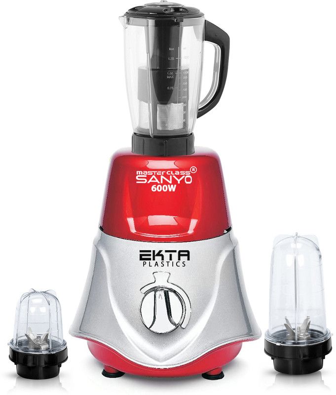 Masterclass Sanyo 600-watts Rocket Mixer Grinder with 2 Bullets Jars and Juicer Jar (Juicer Jar, 350ML Jar and 530ML Jar) 600 Mixer Grinder (3 Jars, REDSILVER)
