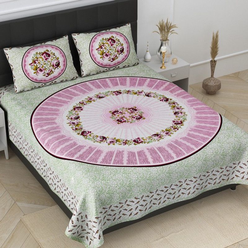 Girraj fab 100 TC Cotton King Printed Flat Bedsheet  (Pack of 1, Pink, GRAY)