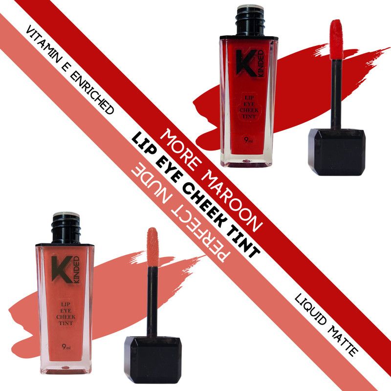 KINDED Lip Eye & Cheek Tint Combo Liquid Lip Colour More Maroon & Perfect Nude Lip Stain  (18 ml)