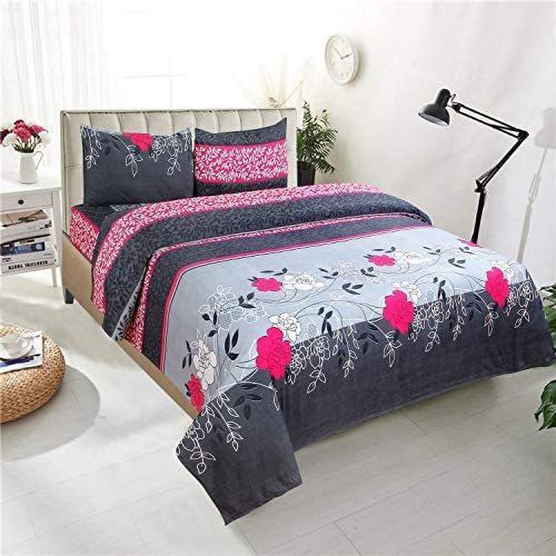 pieceways 144 TC Polycotton Double Floral Flat Bedsheet  (Pack of 1, Grey)