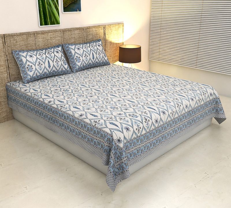 Marusthali Handicrafts 400 TC Cotton Double Floral Flat Bedsheet  (Pack of 1, White & Blue)