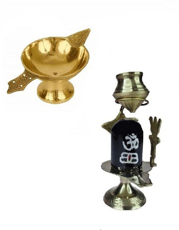 Adhvik Combo Of Laxmi Pital ( No 1 Small Size) Diya Oil / Ghee Lamp With Brass ( No 1 ) Small Size Black Shiva Ling Lingam Shivling Statue For Puja Purpose Brass  (Gold)
