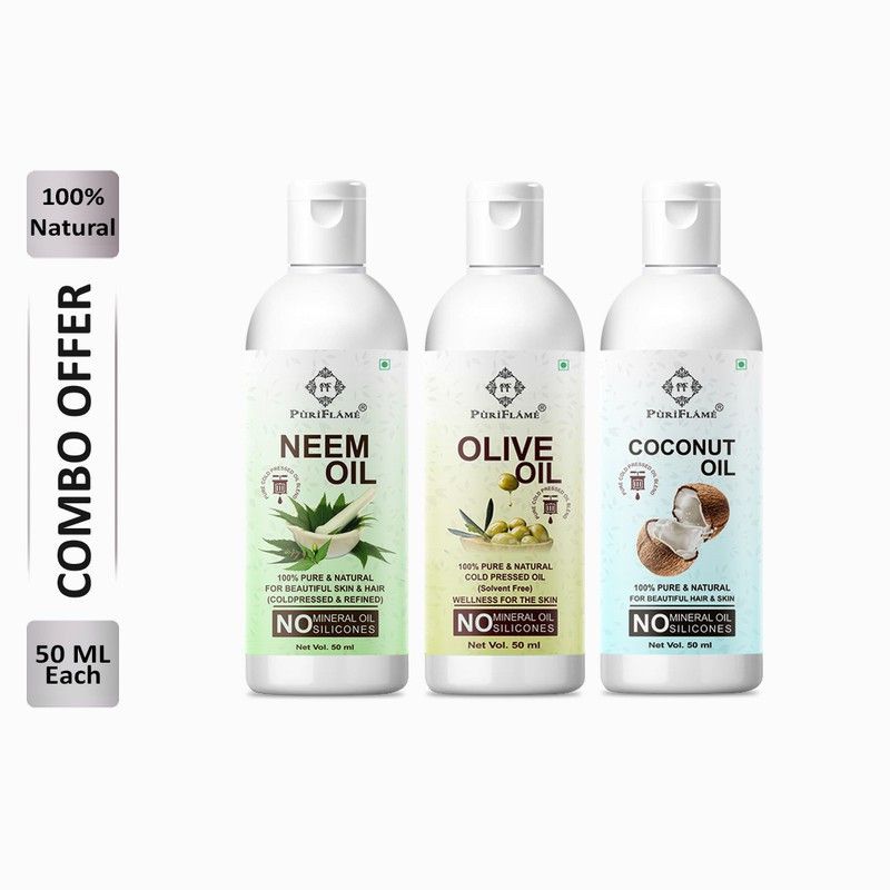 PuriFlame 100% Pure Neem Oil 50ML & Jasmine Oil 50ML & Wheat Germ Oil 50ML Hair Oil  (150 ml)