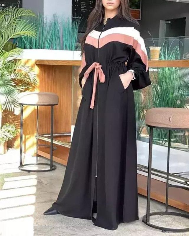 MODEST CITY Front Open Zip Nida Fabric Abaya or Burqa With Contrast Stripes_00101 Art Silk Abaya With Hijab  (Black)