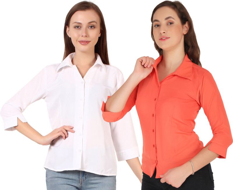 Women Solid Casual White, Orange Shirt  (Pack of 2)