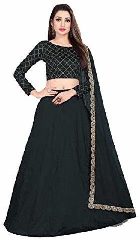 Embroidered Satin Semi Stitched Flared/A-line Gown  (Black)