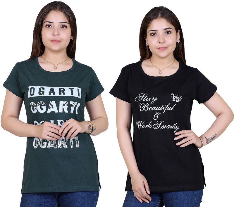 Pack of 2 Women Printed Round Neck Pure Cotton Green T-Shirt