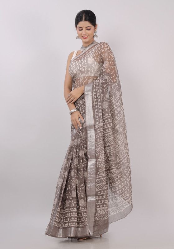 Printed Kota Doria Pure Cotton Saree  (Brown)
