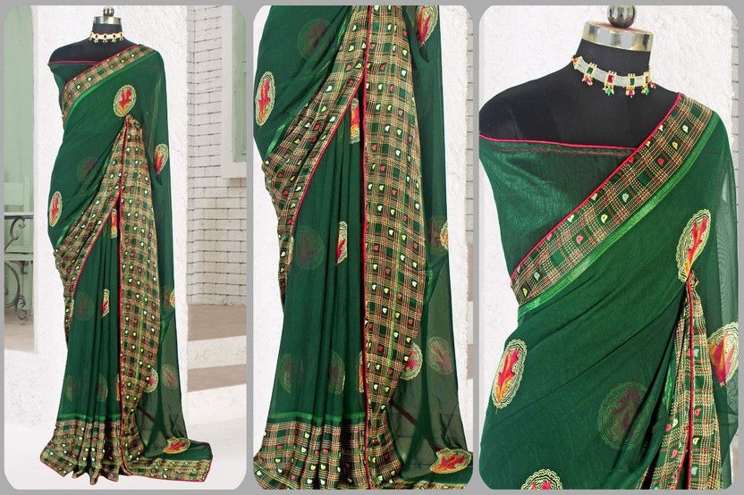Geometric Print Bollywood Satin Saree  (Dark Green)