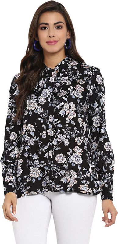 Casual Cuffed Sleeves Printed, Floral Print Women Black Top