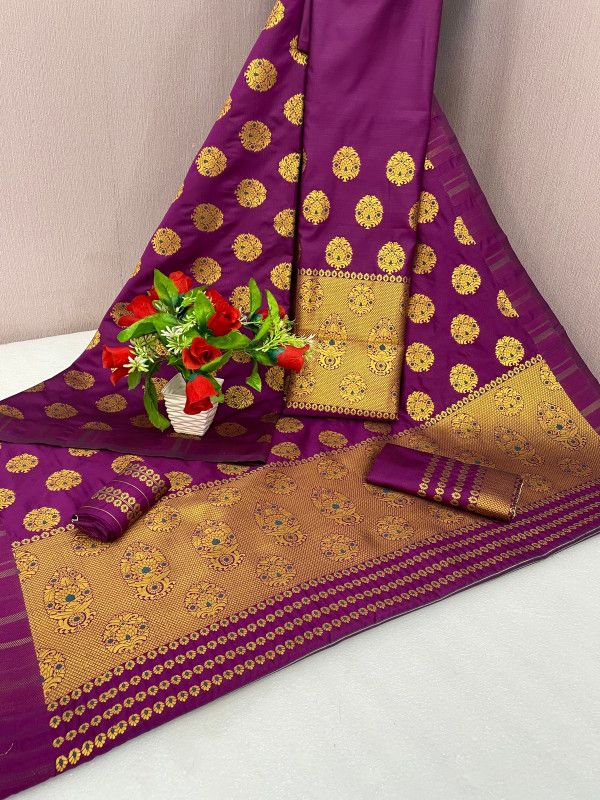 Embellished, Embroidered, Self Design, Woven Mekhela Chador Cotton Blend, Chanderi Saree  (Magenta, Gold)