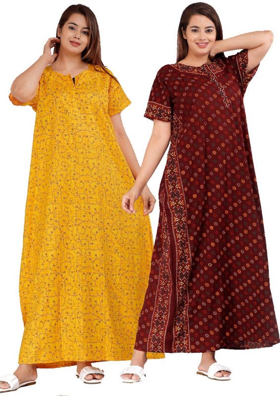Pack of 2 Women Nighty  (Yellow, Maroon)