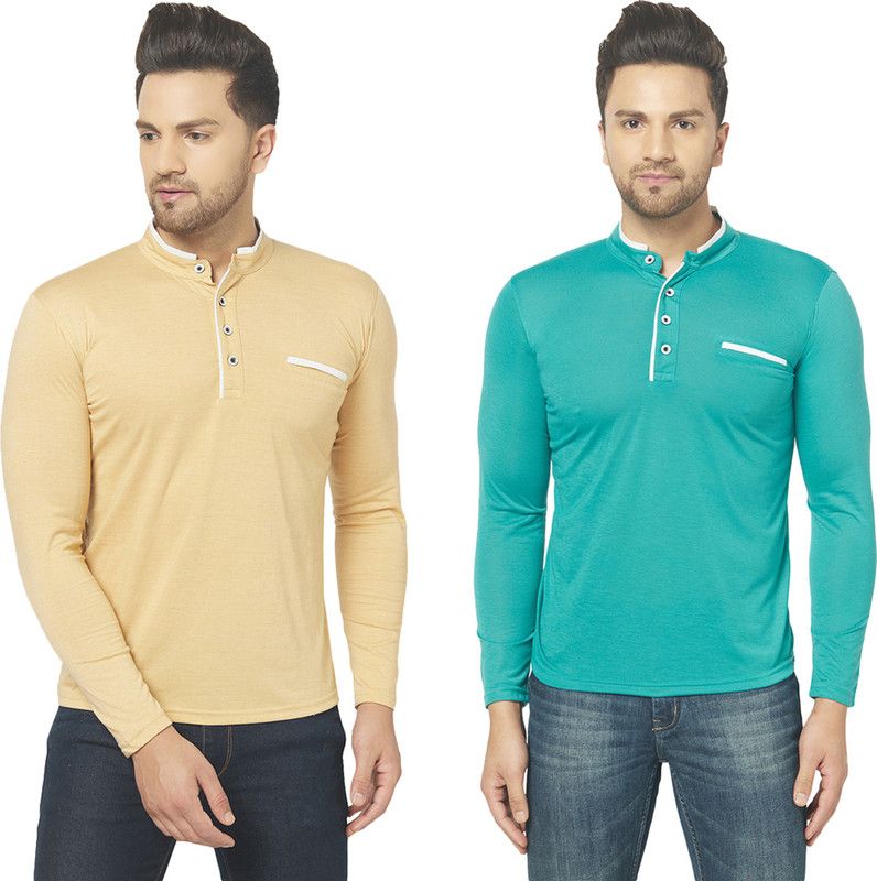 Pack of 2 Men Solid Henley Neck Cotton Blend Beige, Light Green T-Shirt