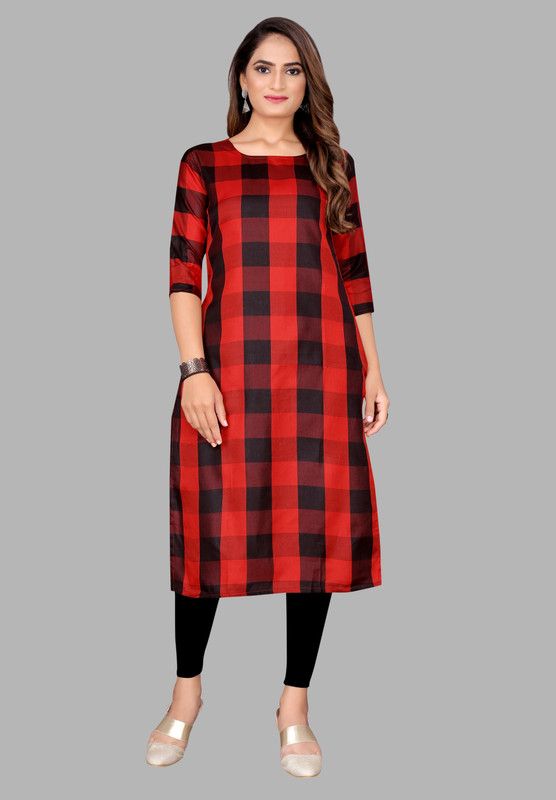 Women Checkered Cotton Silk Straight Kurta  (Red)