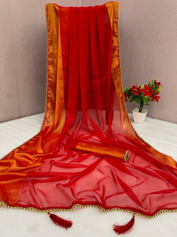 Woven Daily Wear Chiffon Saree  (Red)